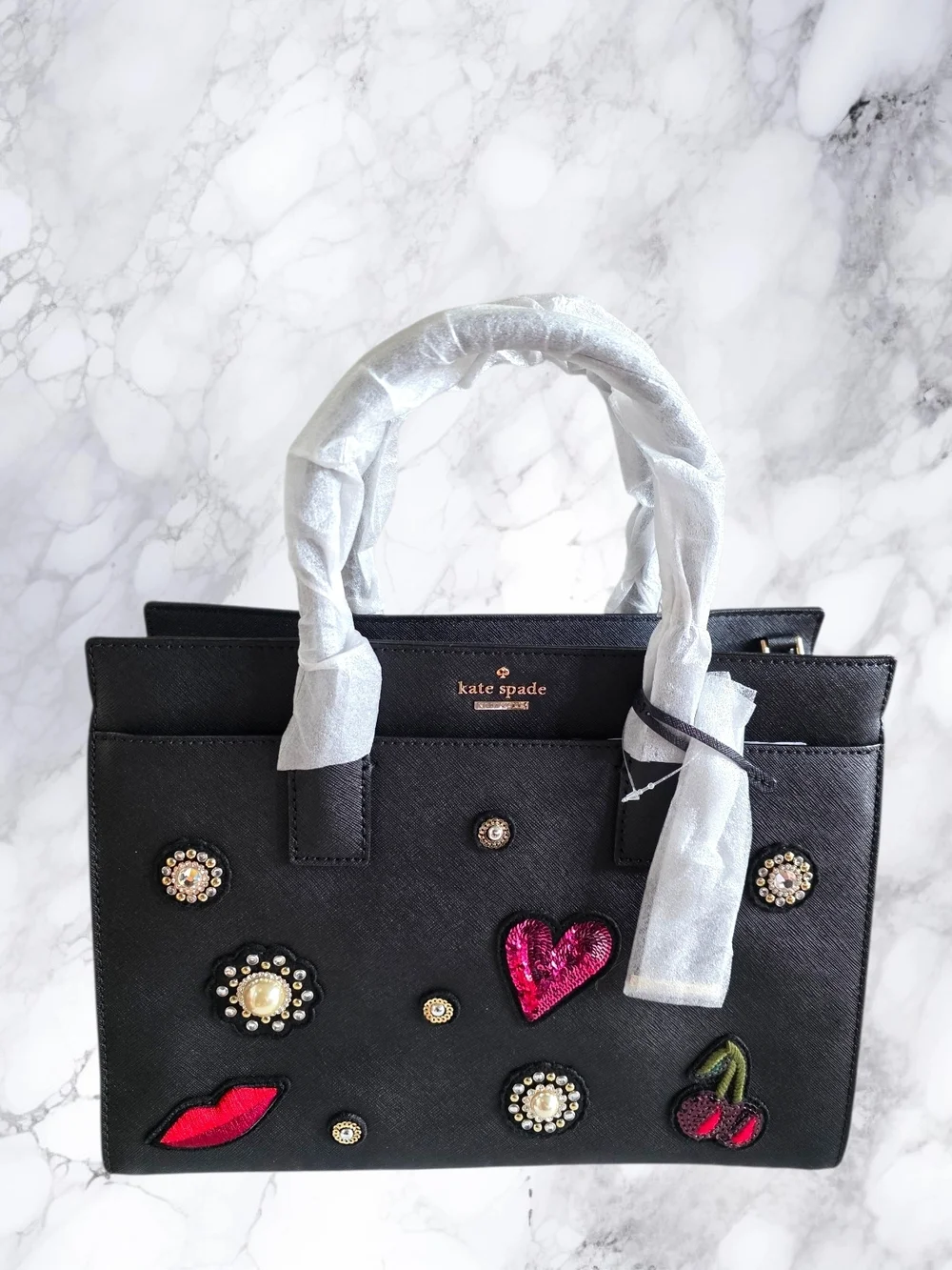 Kate Spade x Rodan & Fields NWT Black Saffiano Satchel Novelty Heart Cherry Rare